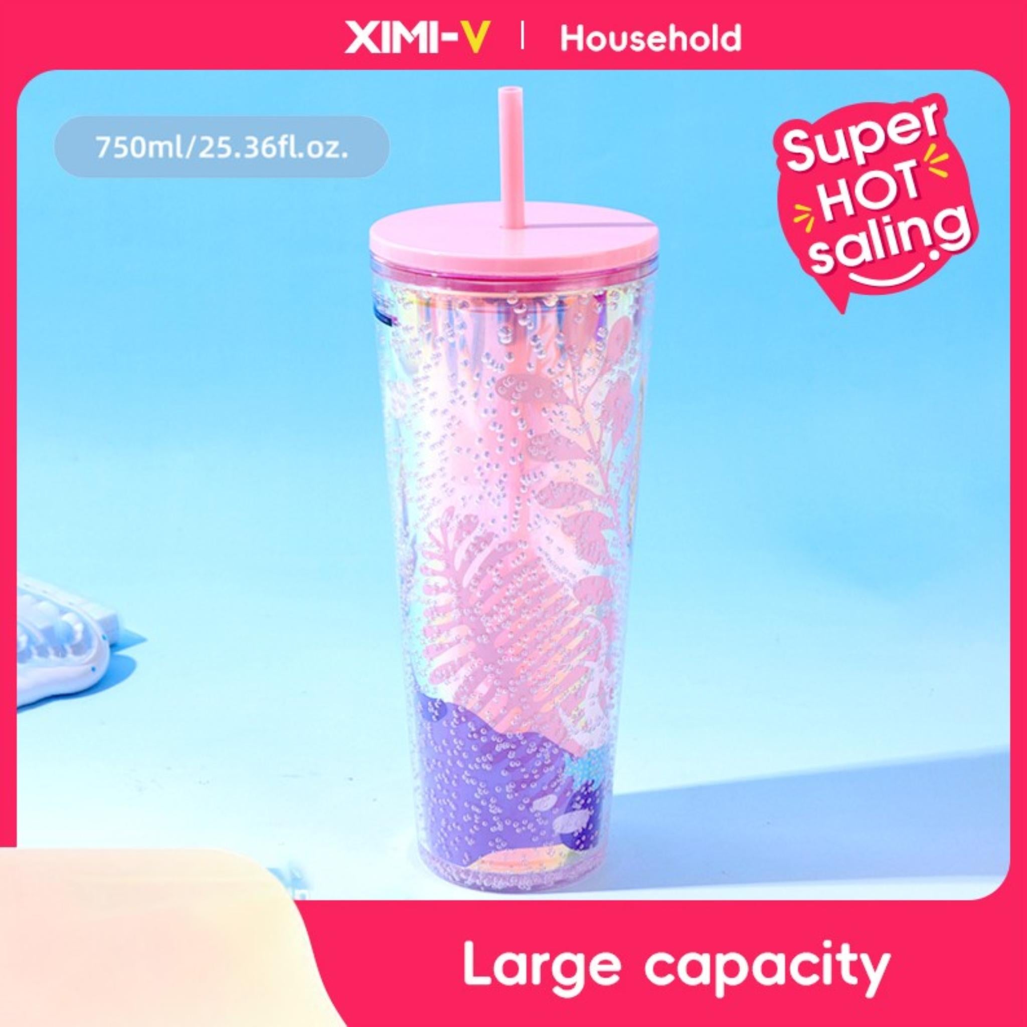 750ml/25.36fl.oz. Large Capacity Creative Basic Plastic Cup with Straw (Pink)