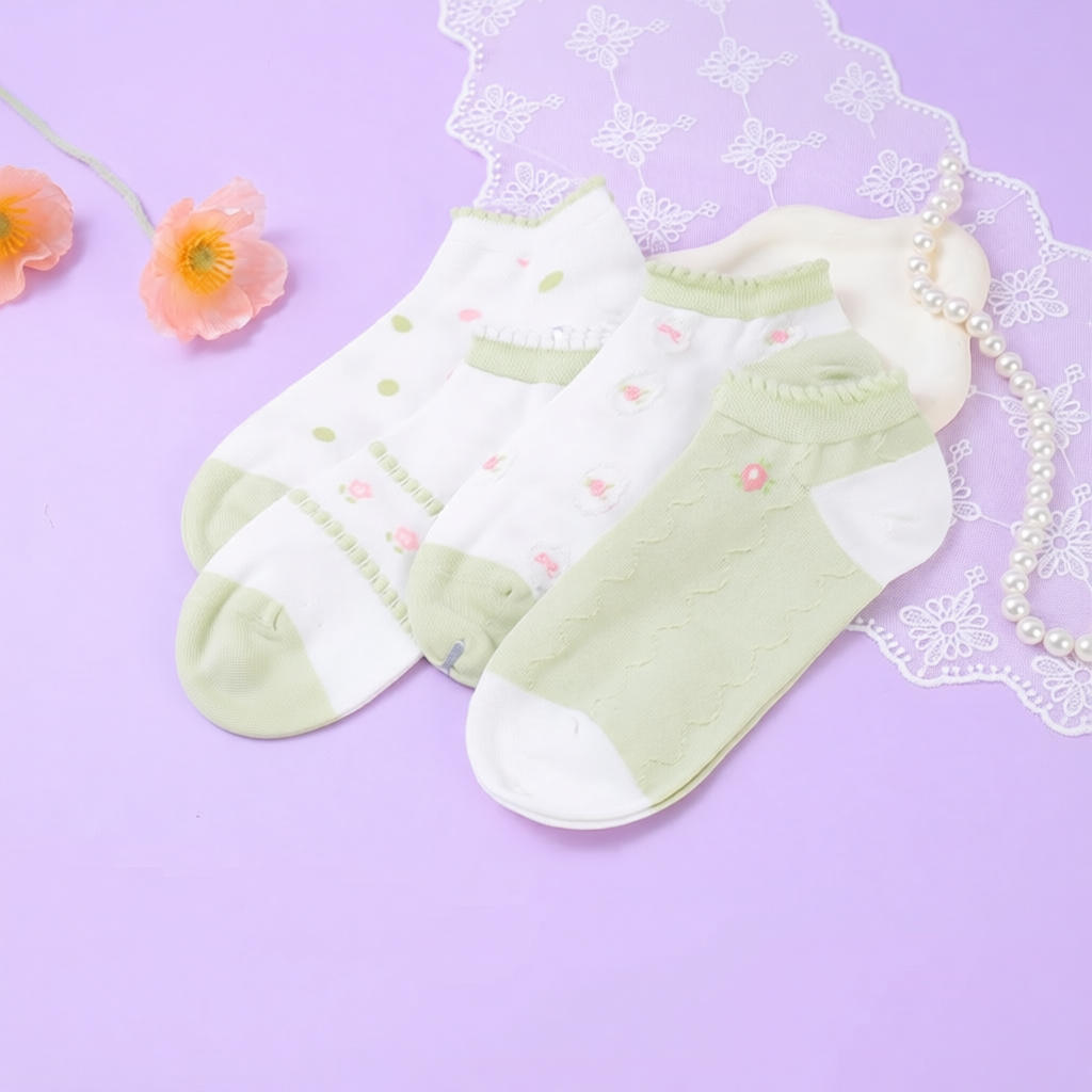 Green series flower women's socks (3 pieces)