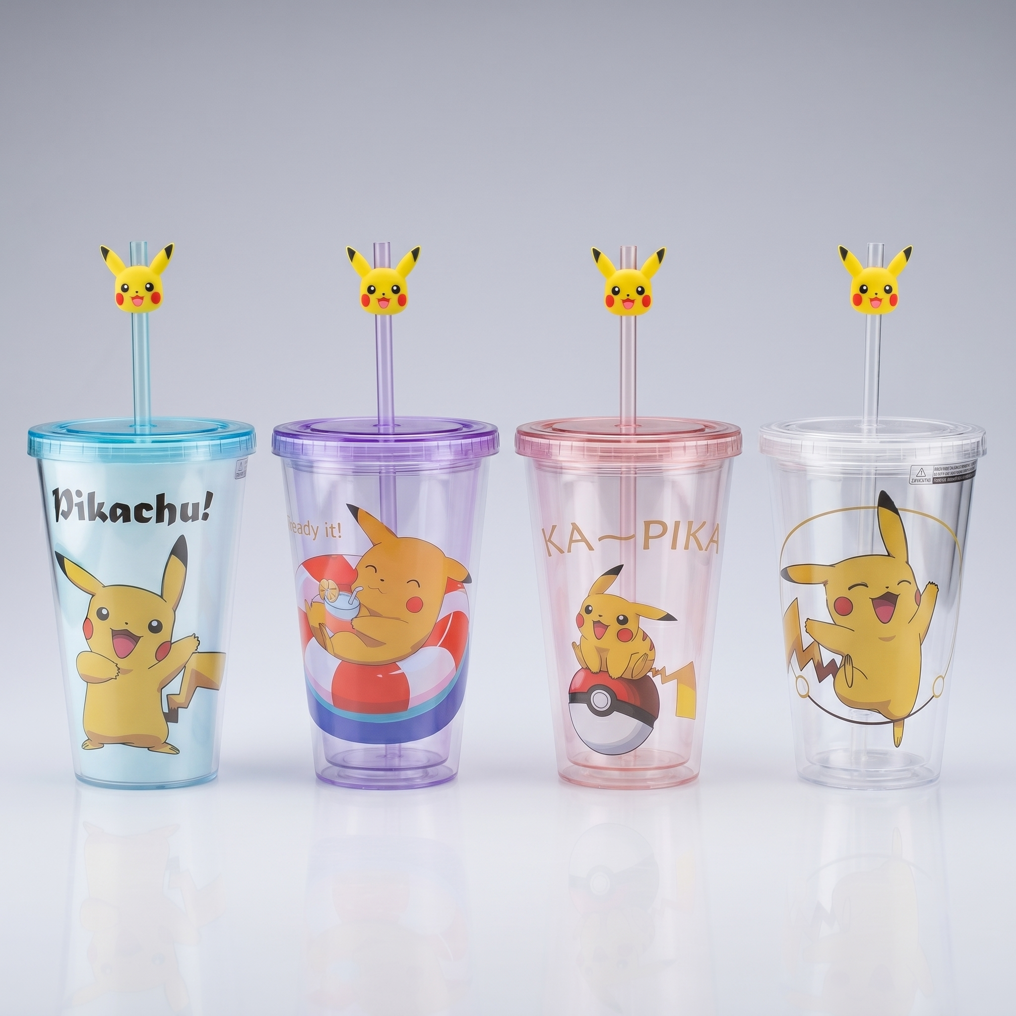 Pikachu Pokemon Double-layer Straw Plastic Cup 450ml/15.22 fl.oz.