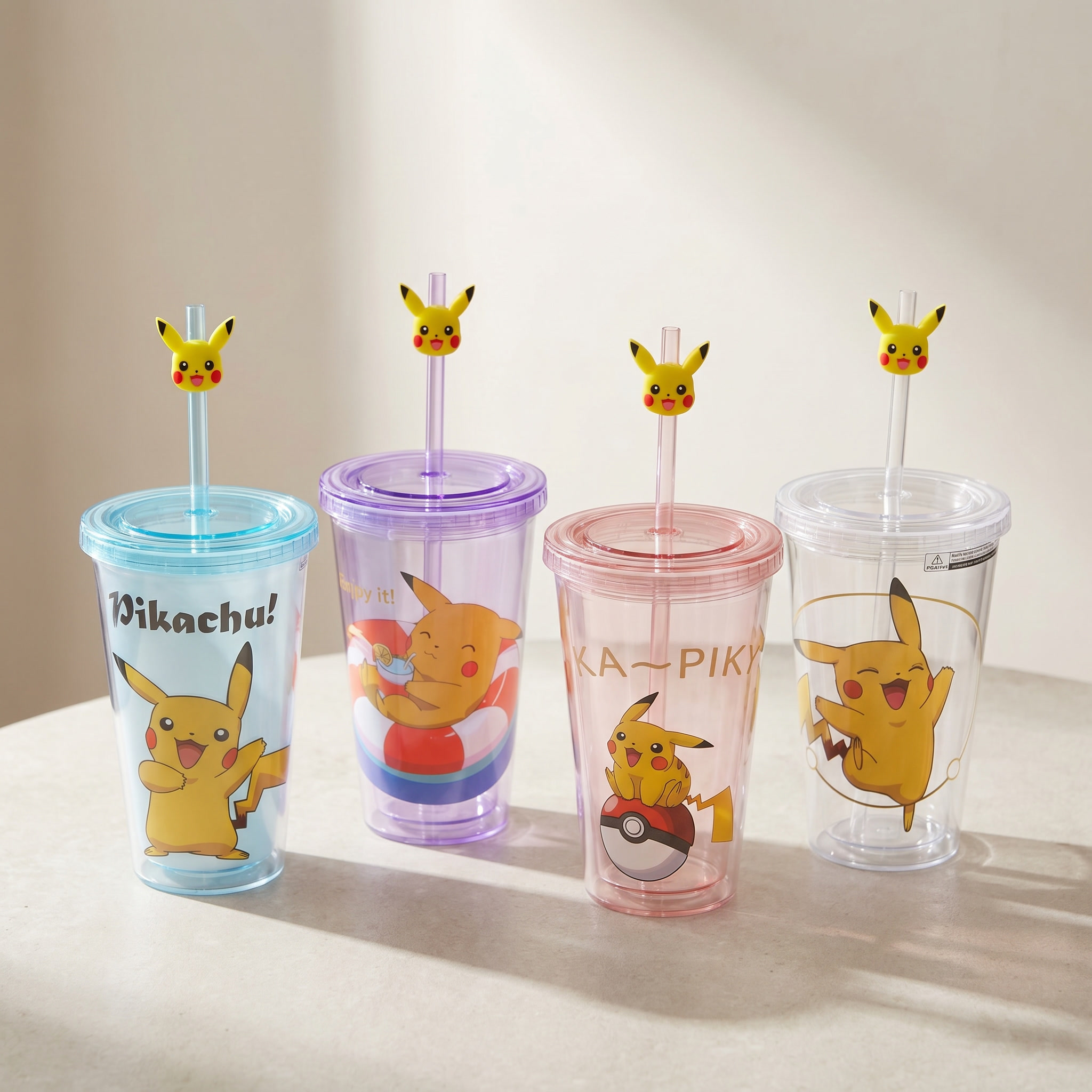 Pikachu Pokemon Double-layer Straw Plastic Cup 450ml/15.22 fl.oz.