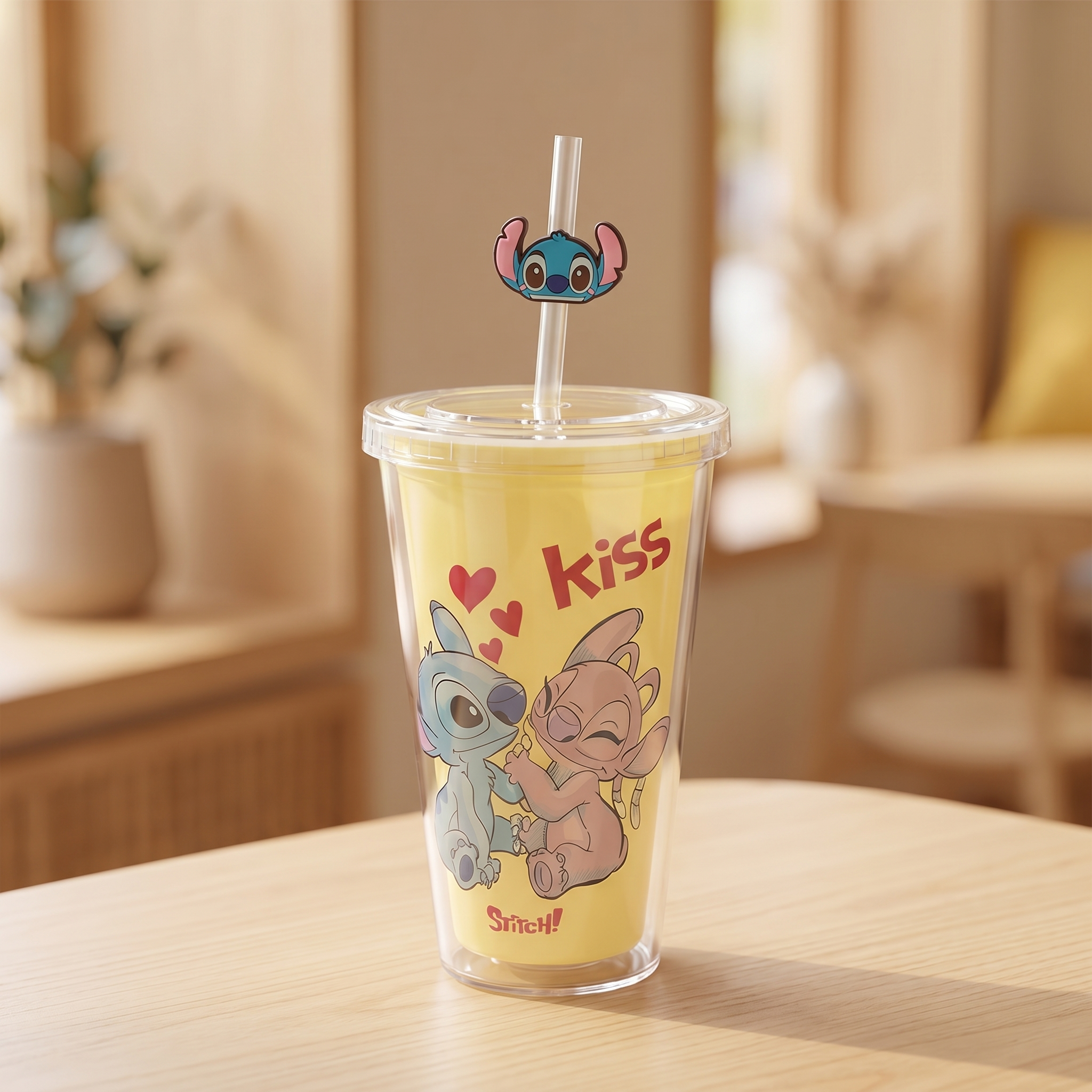 Stitch Double-layer Straw Plastic Cup 450ml/15.22 fl.oz.