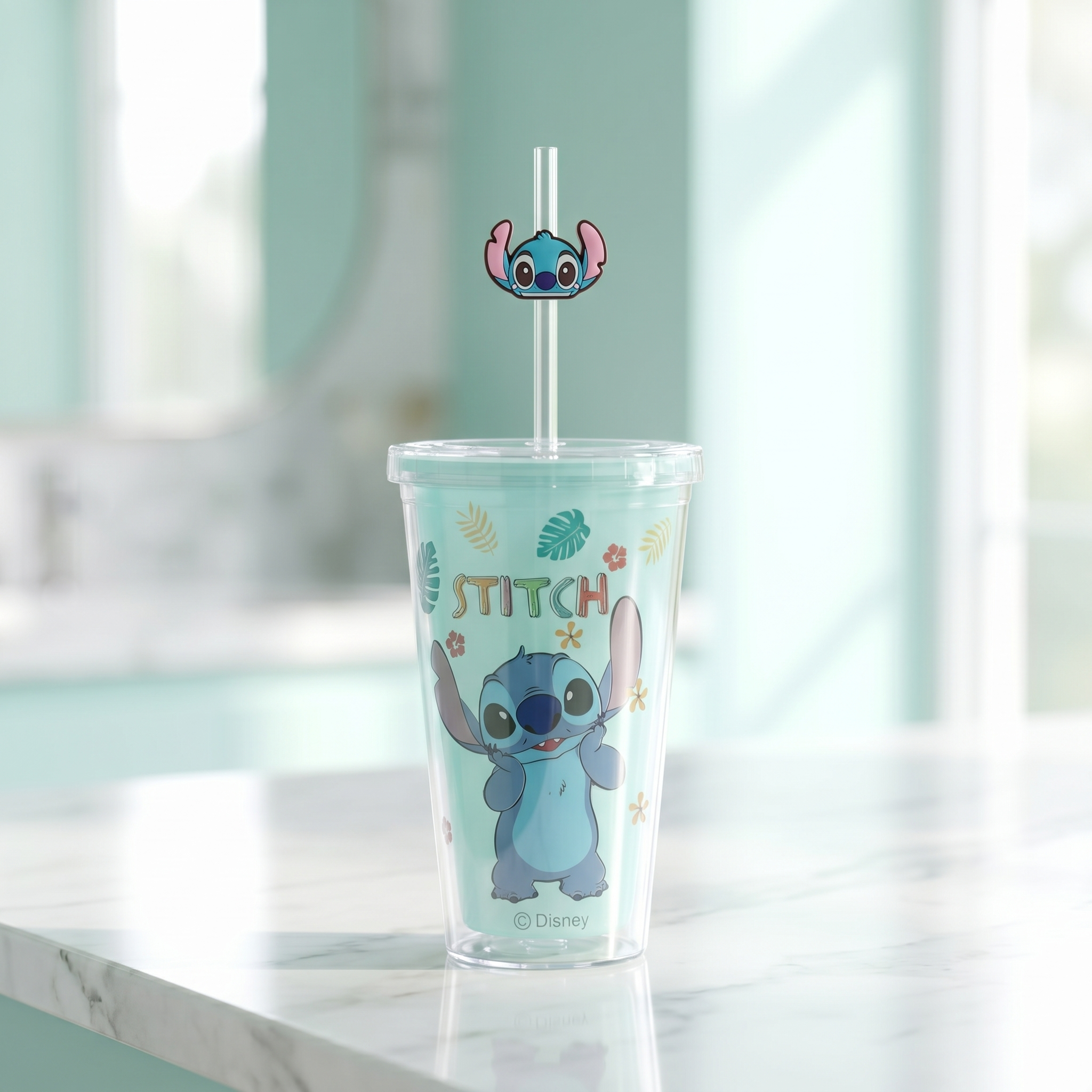 Stitch Double-layer Straw Plastic Cup 450ml/15.22 fl.oz.