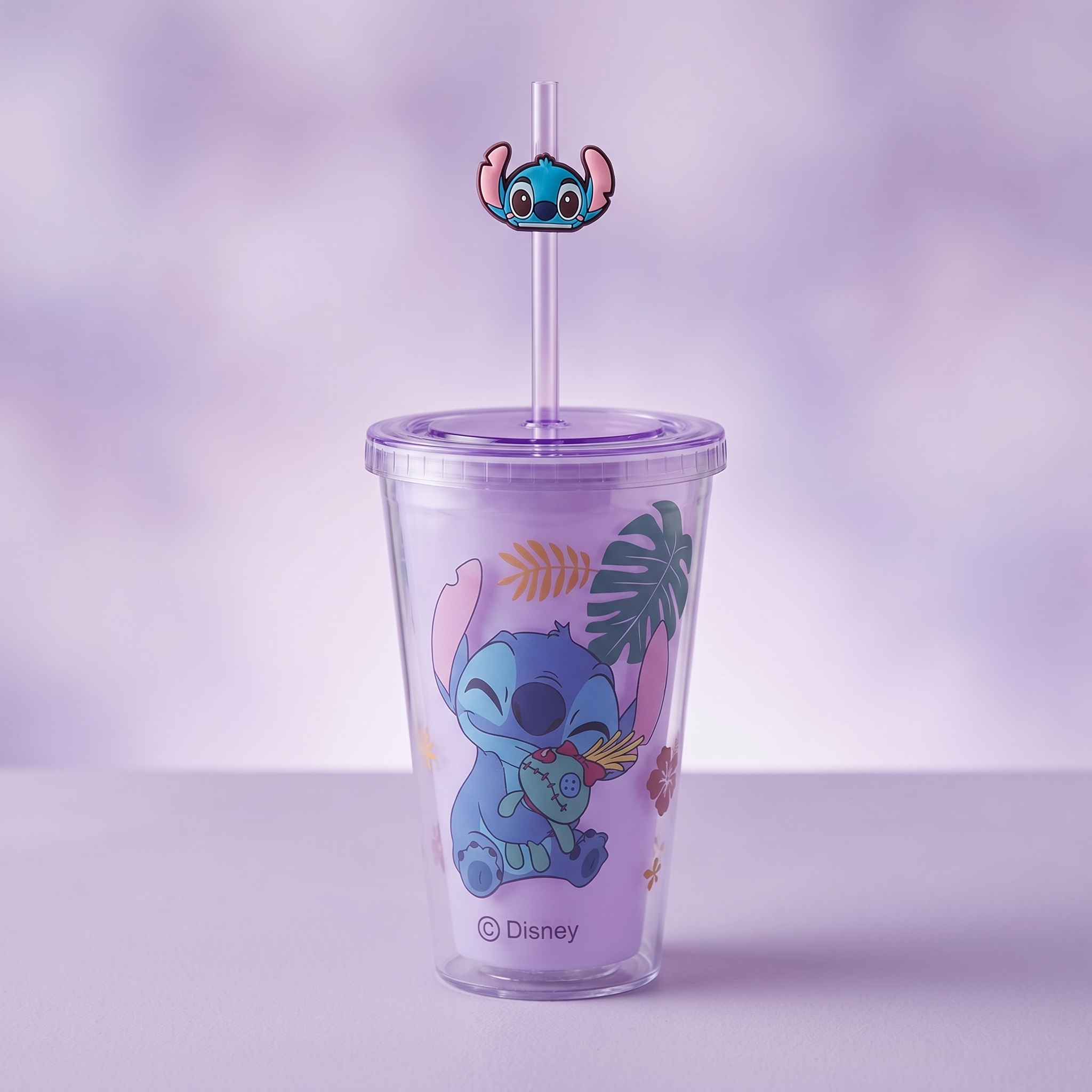 Stitch Double-layer Straw Plastic Cup 450ml/15.22 fl.oz.