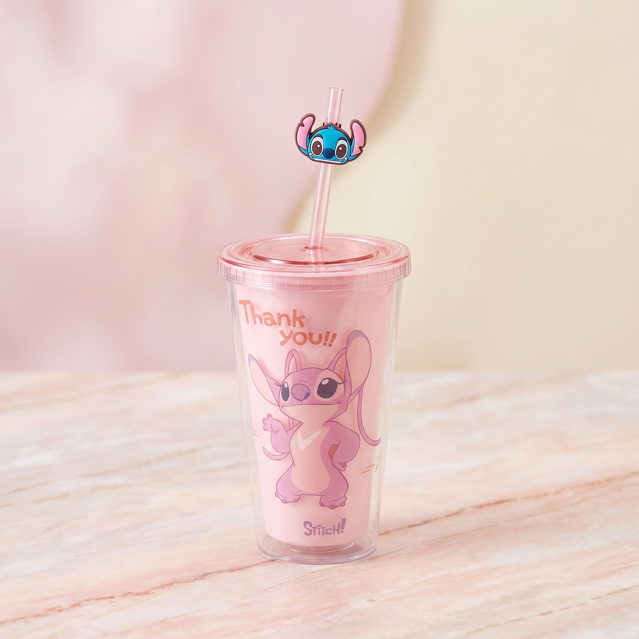 Stitch Double-layer Straw Plastic Cup 450ml/15.22 fl.oz.