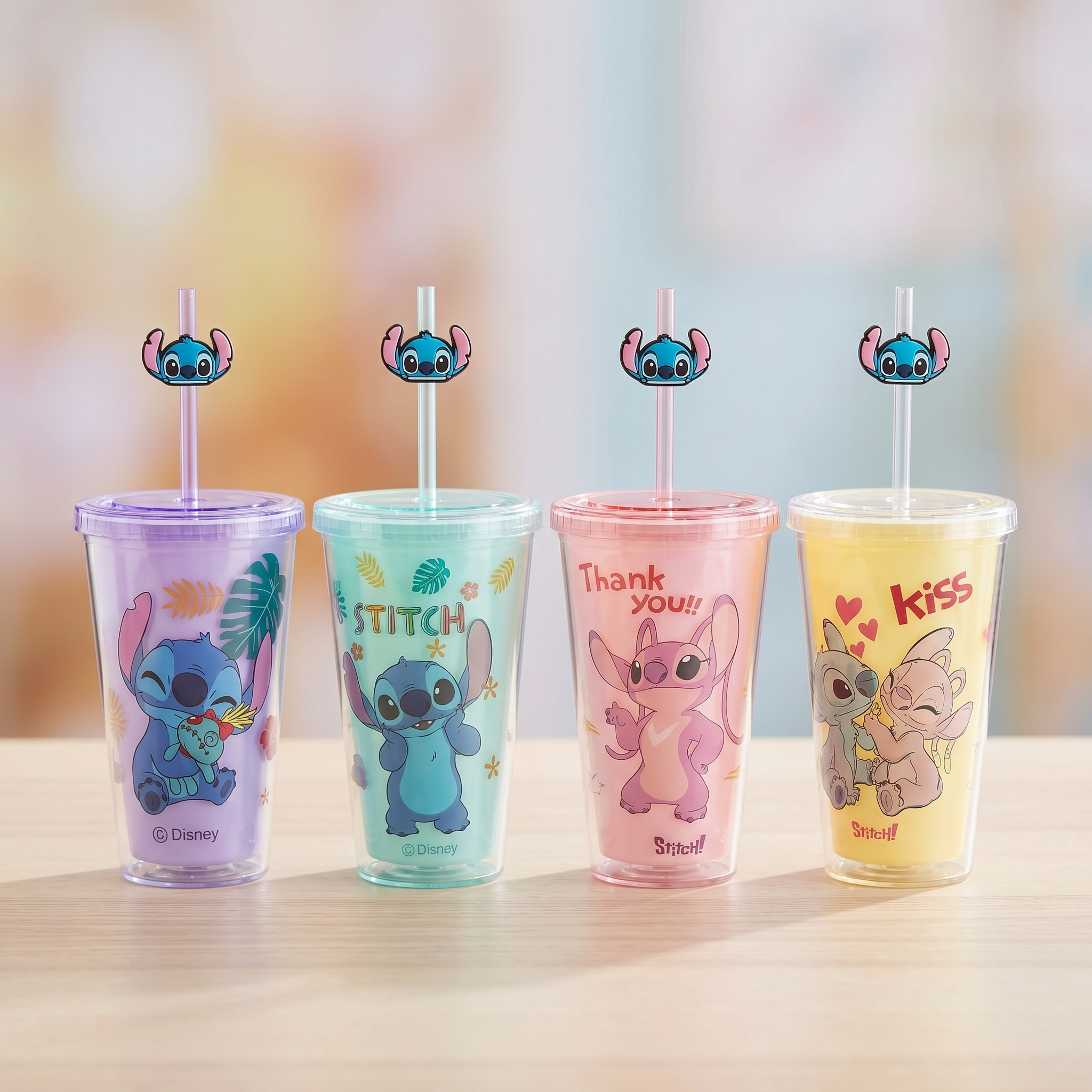 Stitch Double-layer Straw Plastic Cup 450ml/15.22 fl.oz.